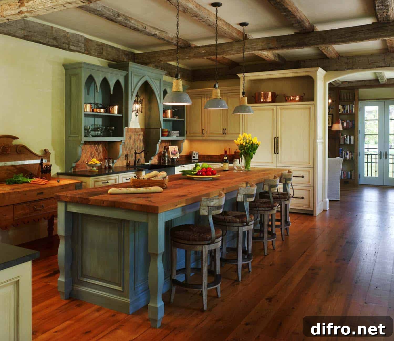 Traditional Rustic Blue Kitchen Wood Working Vintage Decor Island