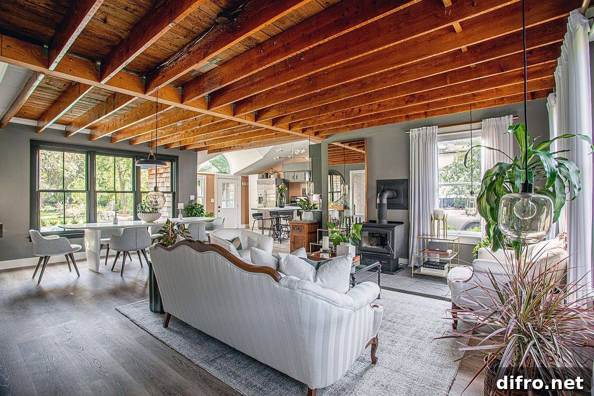 Small and elegant modern farmhouse style living space with wooden ceiling