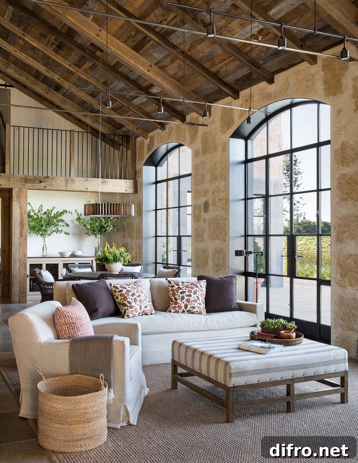 Double-height farmhouse style living area with stone walls and wooden ceiling