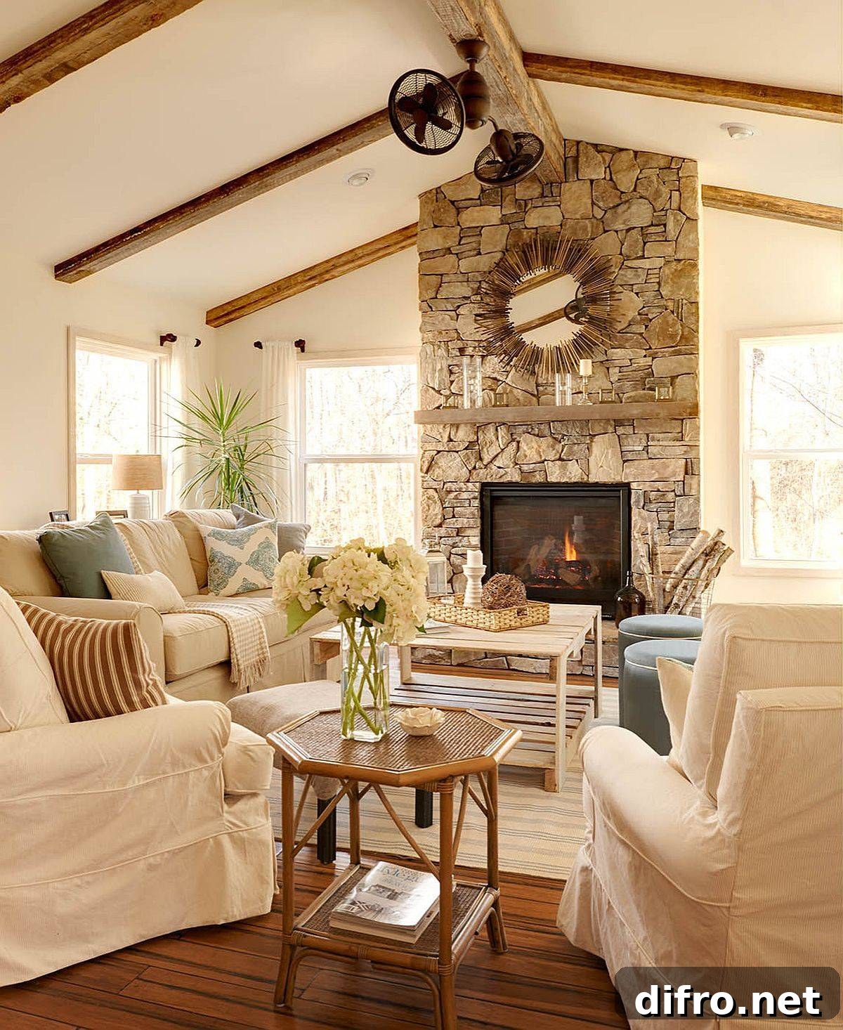 Comfy farmhouse living room with warm neutral hues and stone fireplace