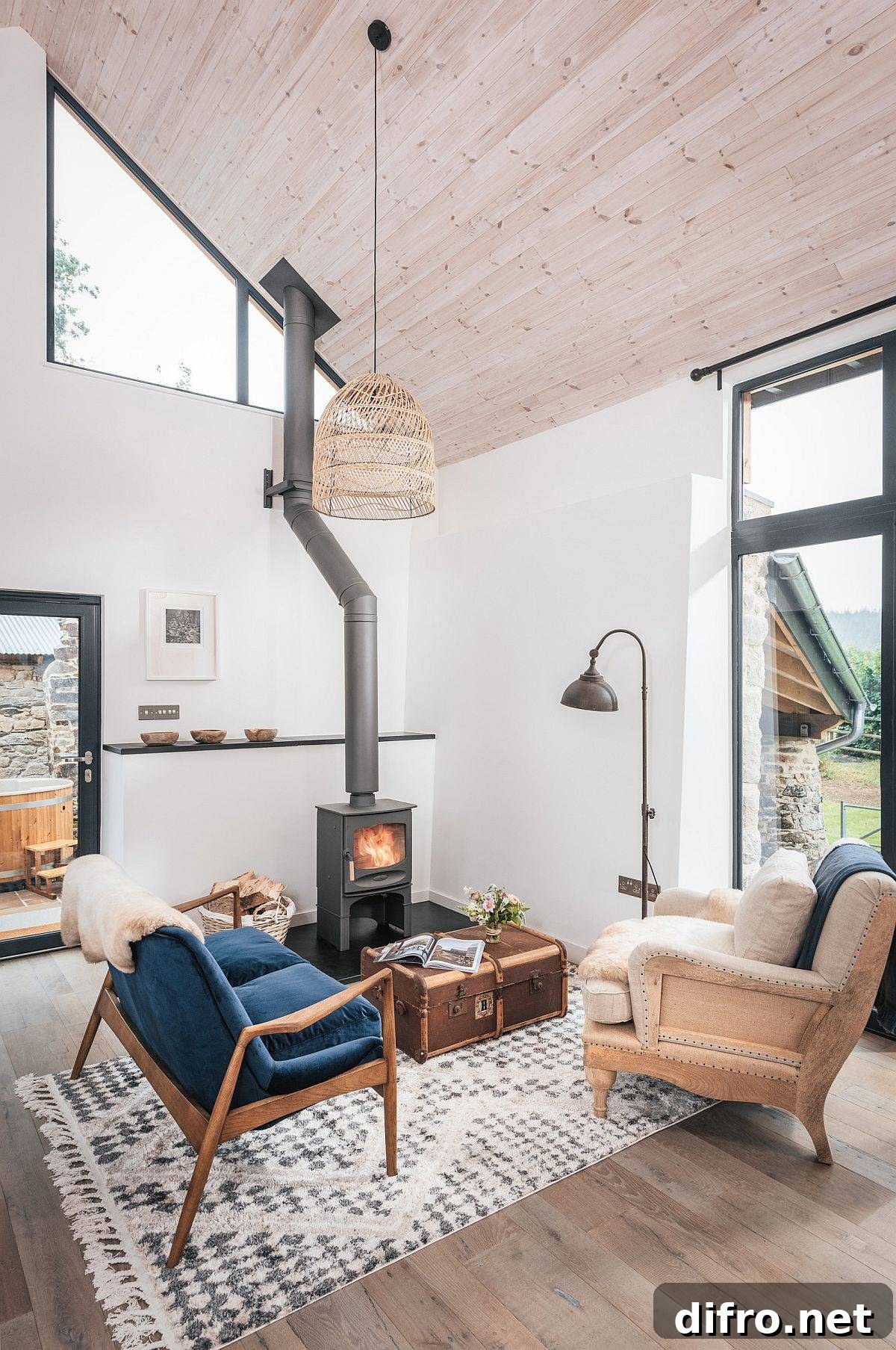 Custom coffee table adds an interesting visual element to this small farmhouse living room
