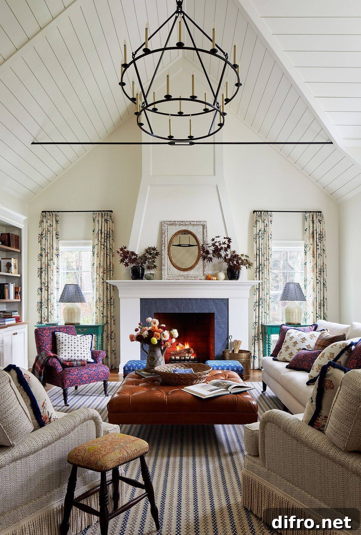 Adding a bit of color and cheerful zest to the double-height living space in white