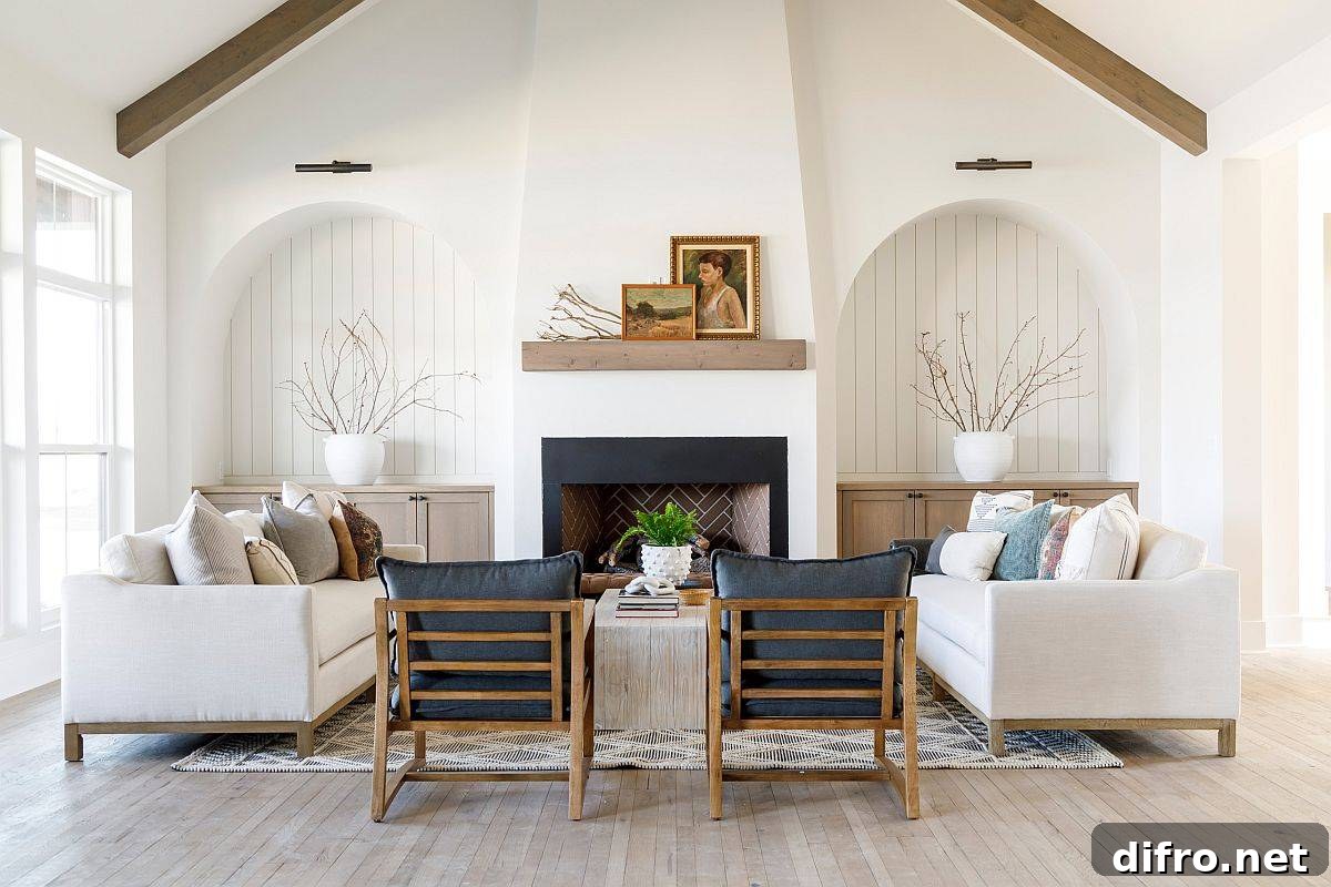 Wood panelling accent sections add a unique textural charm to this white farmhouse style living space
