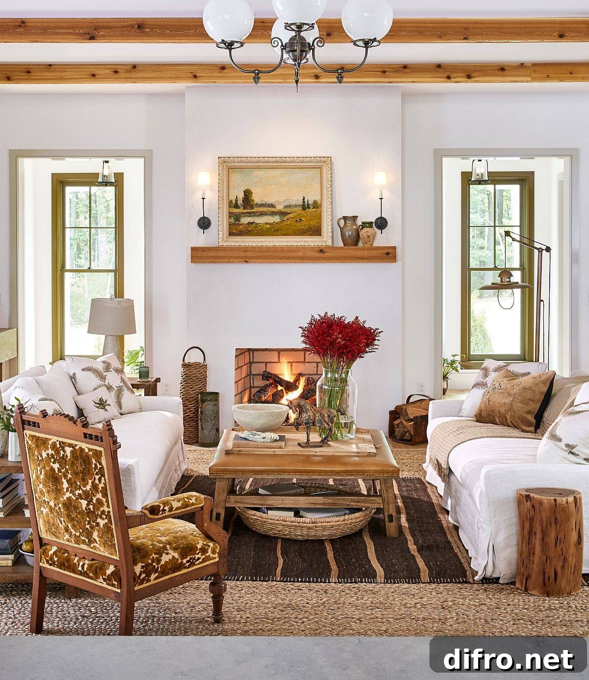 Modern farmhouse style living room in white with fireplace, wooden beams and cozy décor