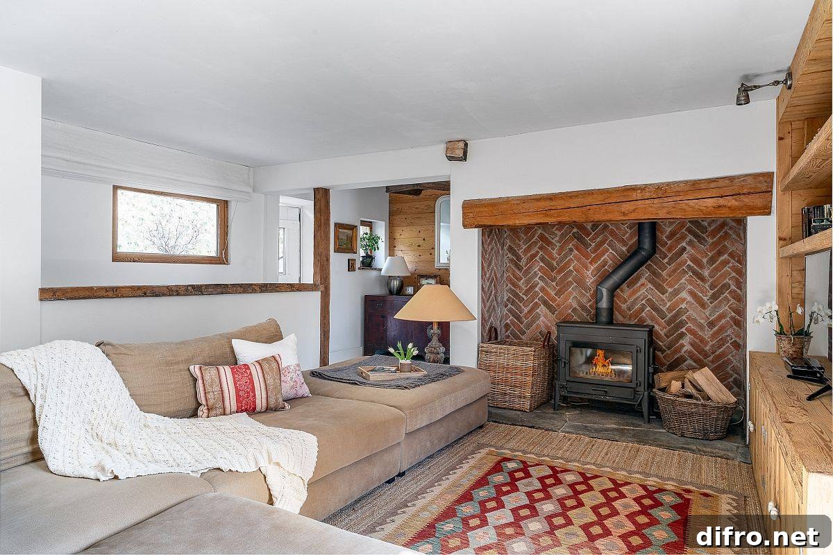 Chevron pattern fireplace backdrop makes an instant impact in this small farmhouse style living room