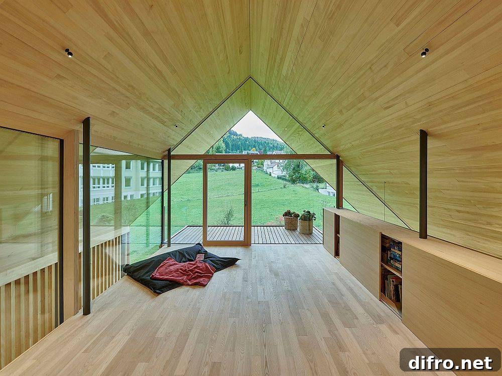 Gabled A-frame creating an upper-level studio