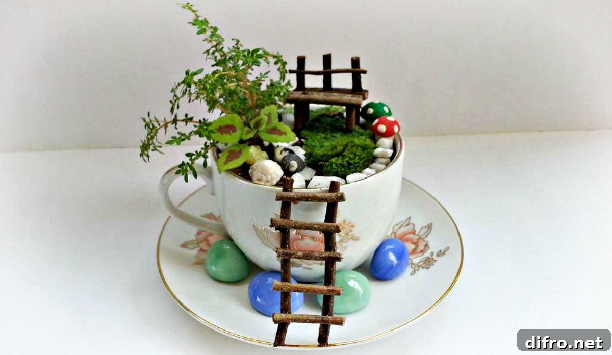 Mini garden in white floral teacup