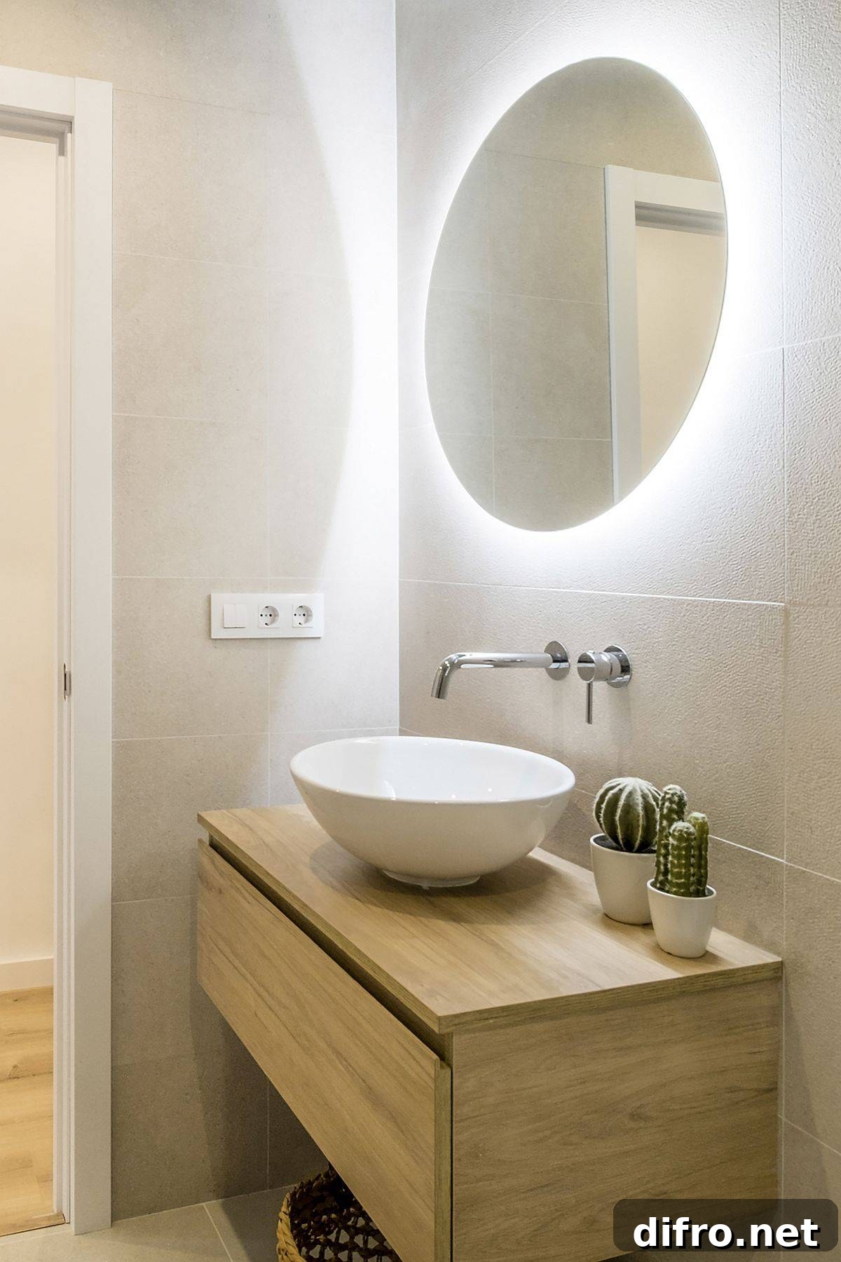Wooden vanity in a compact modern bathroom