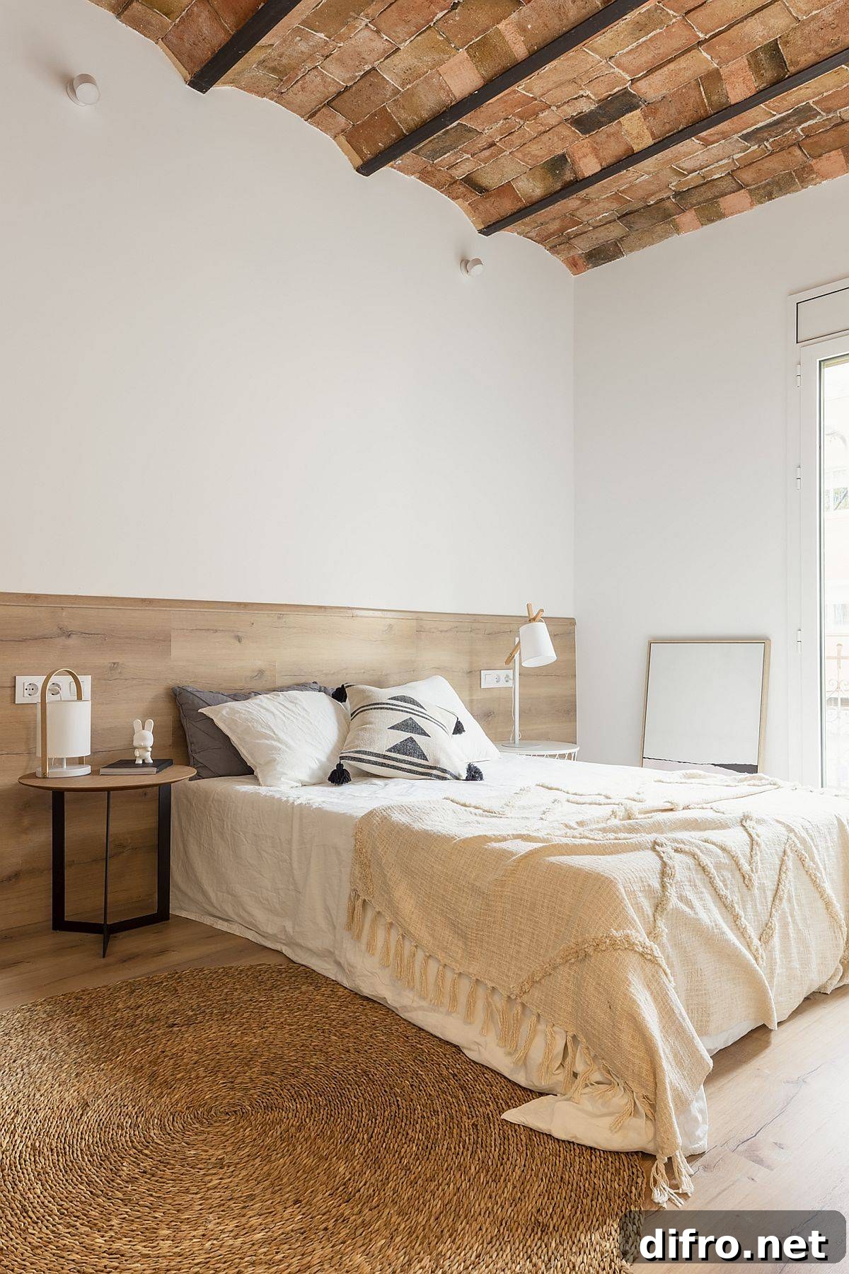 Bedroom with white, wood and tile accents