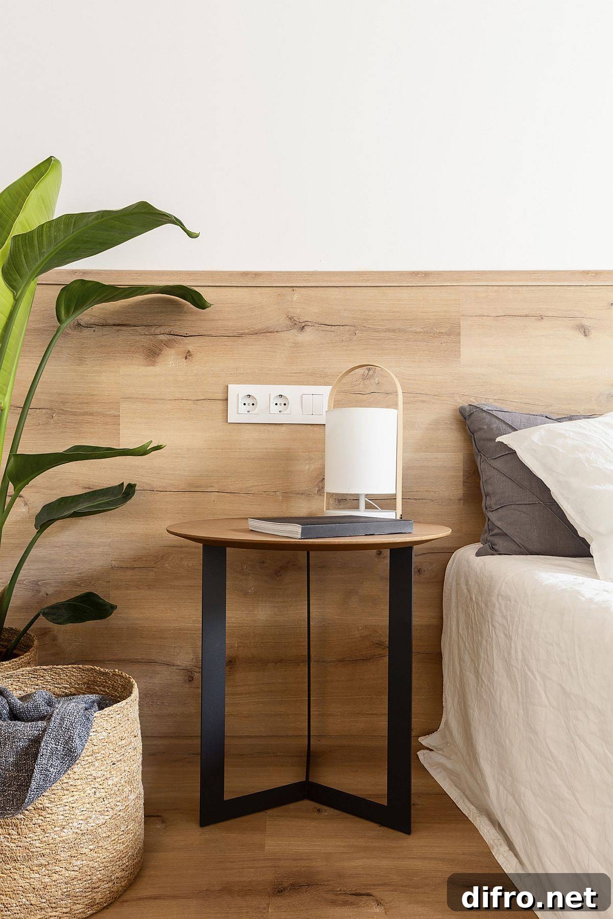 Small wooden bedside table in Scandinavian bedroom