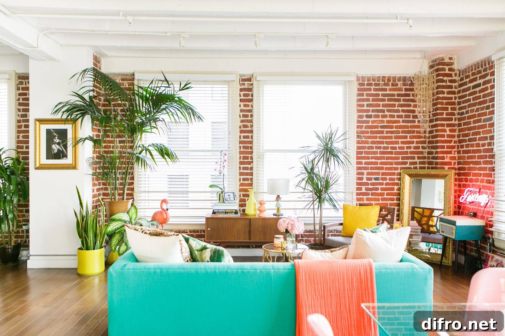 Tiffany Blue Turquoise Teal Aqua Couch Bright Open Living Room Red Brick Interior Wall Areca Palm Tree Indoor Decor