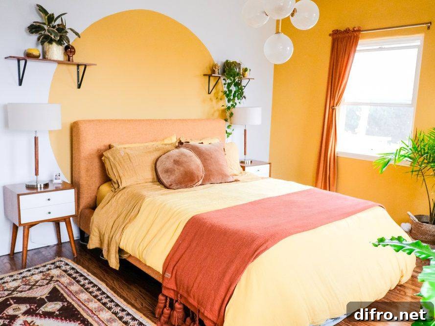 Yellow Accent Wall Bright Statement Colorful Bedroom Boho Chic Mid Century Bed