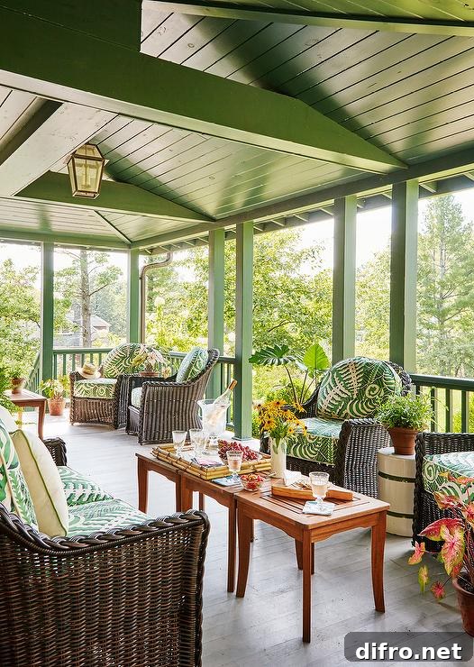 covered porch greek plank vaulted ceiling furnished with teak accent tables placed side-by-side between a dark brown wicker sofa with green cushions facing two matching dark brown wicker chairs