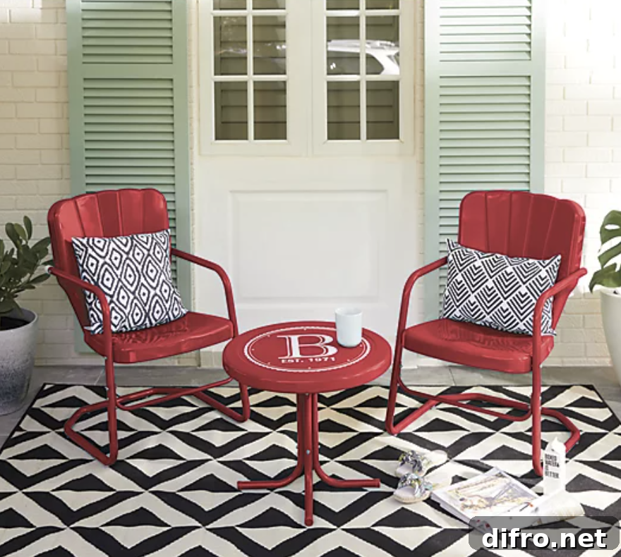 red retro patio furniture black and white outdoor carpet sage green shutters