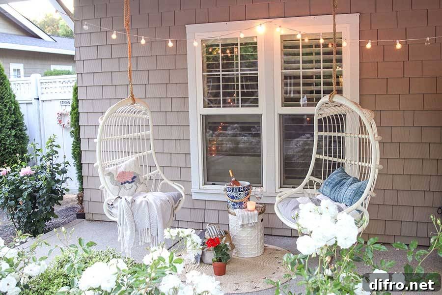 Two hanging white chairs in front of window