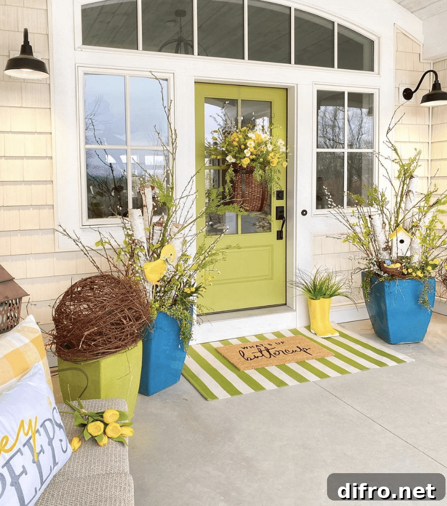 bright yellow decor on a porch decorated for spring green striped doormat basket on door black farmhouse exterior wall sconces large blue planters