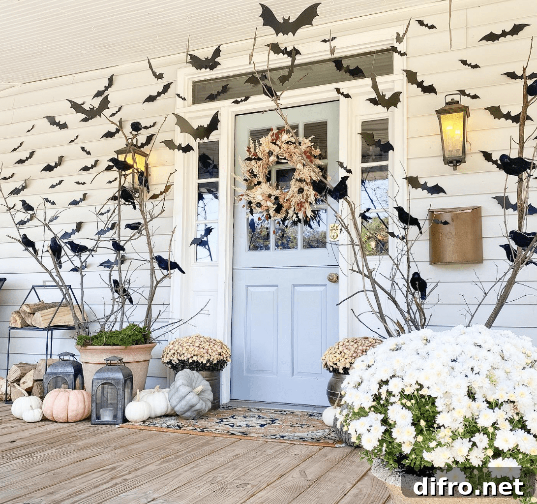black bats on front porch across blue door white sided house pumpkins and white fall mums