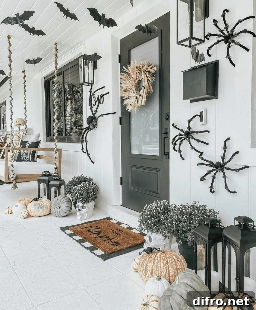 giant spiders on side of house farmhouse style halloween decor pumpkins black door hanging porch swing lanterns bats