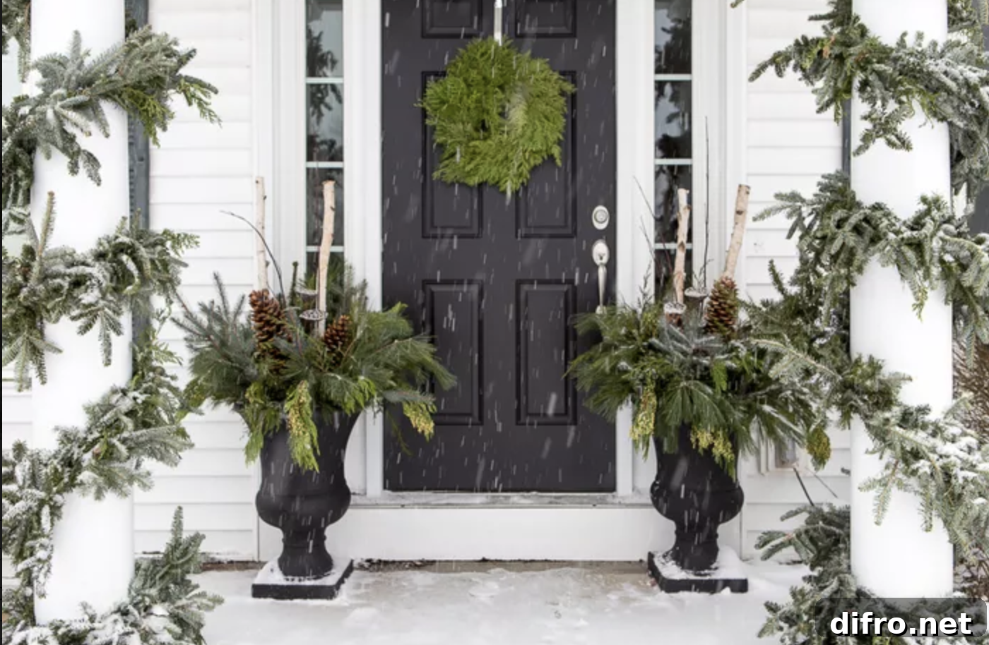 black front door winter porch snowing side by side black urns with winter greenery cedar wreath