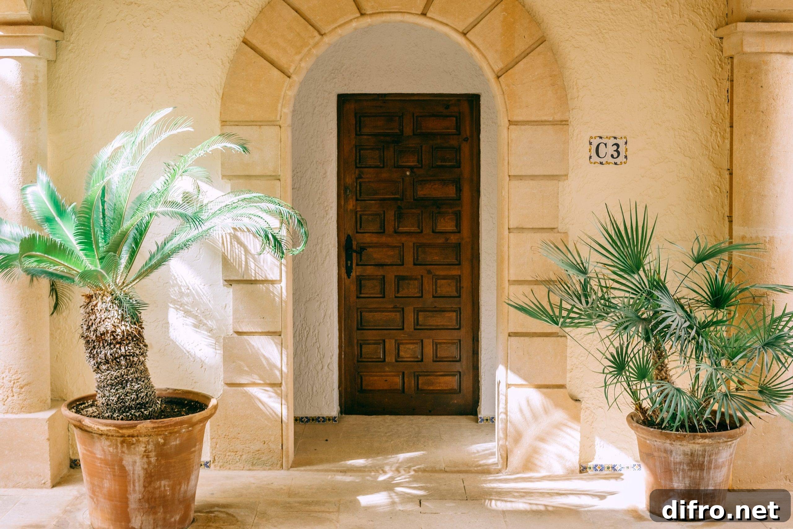 Two large potted plants beside archway door
