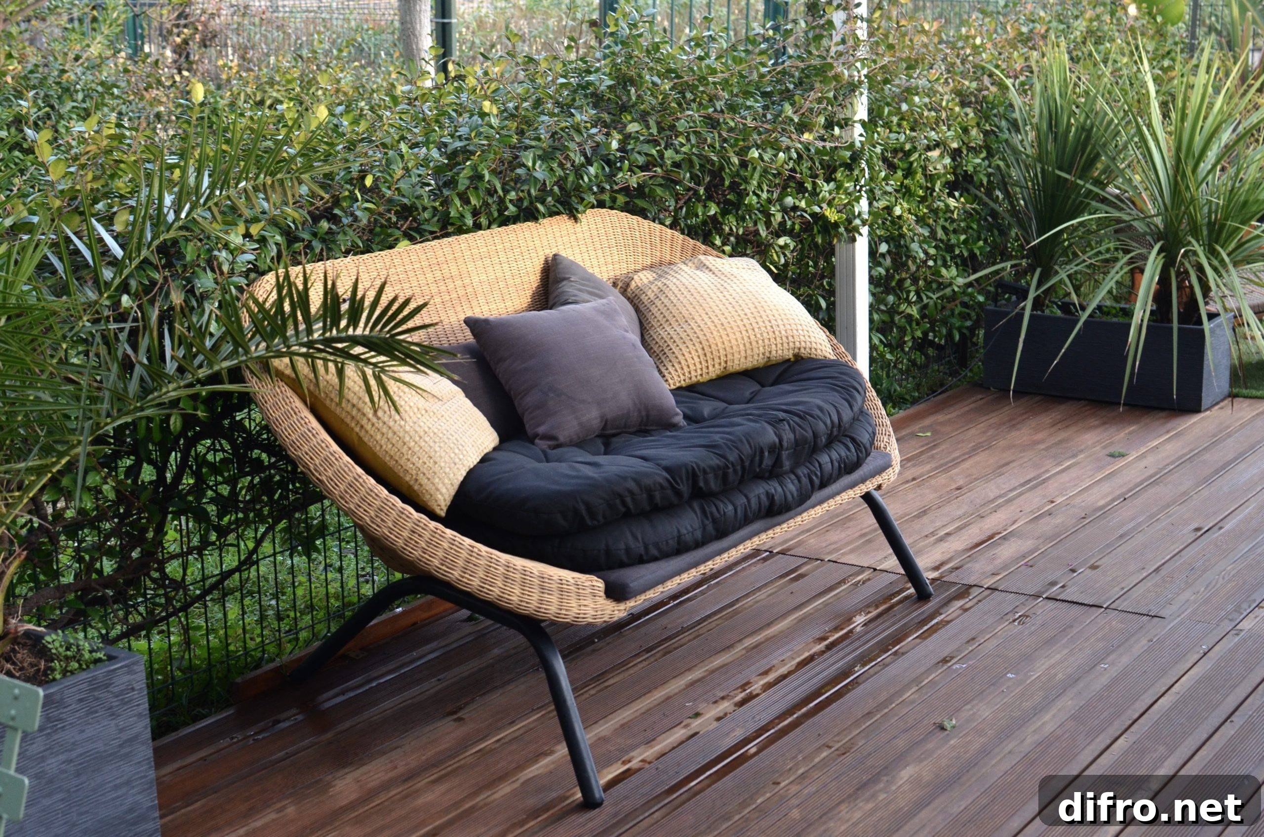 Cozy rattan sofa with cushions in tropical garden