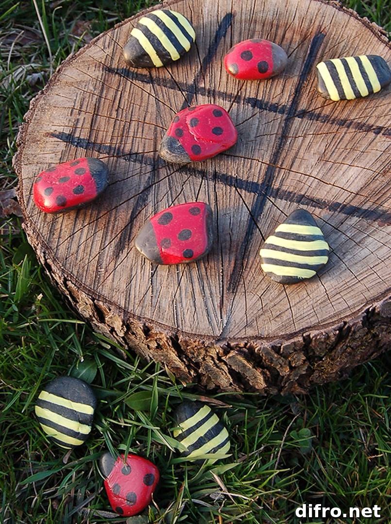 Ladybug vs Bumblebee Tic Tac Toe on a Tree Stump