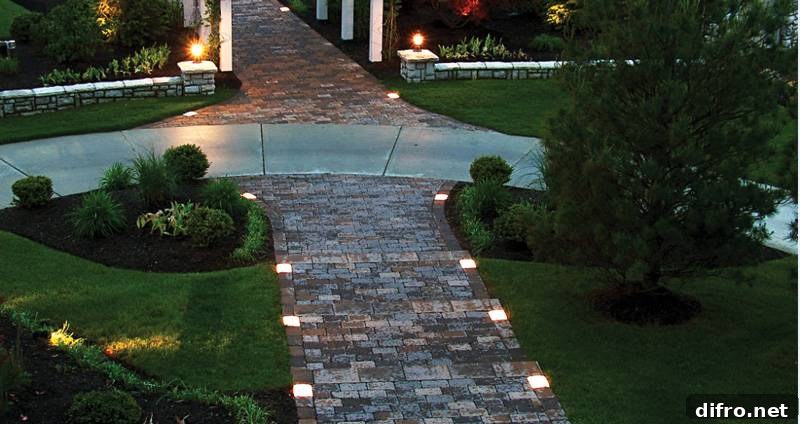 Lights Along Pathway Brick Edging
