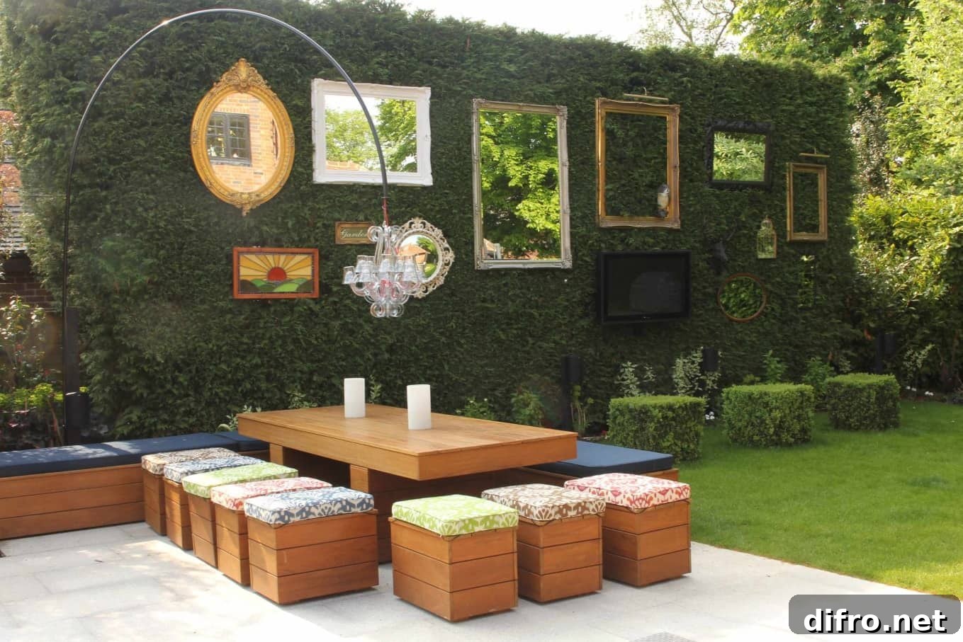 Vintage mirror wall facing outdoor table and chairs