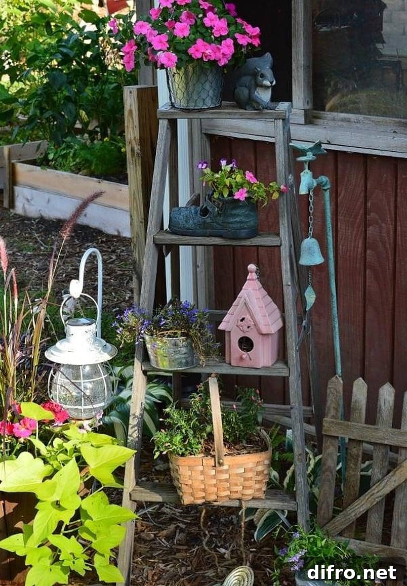 Upcycled ladder with decorations on each step