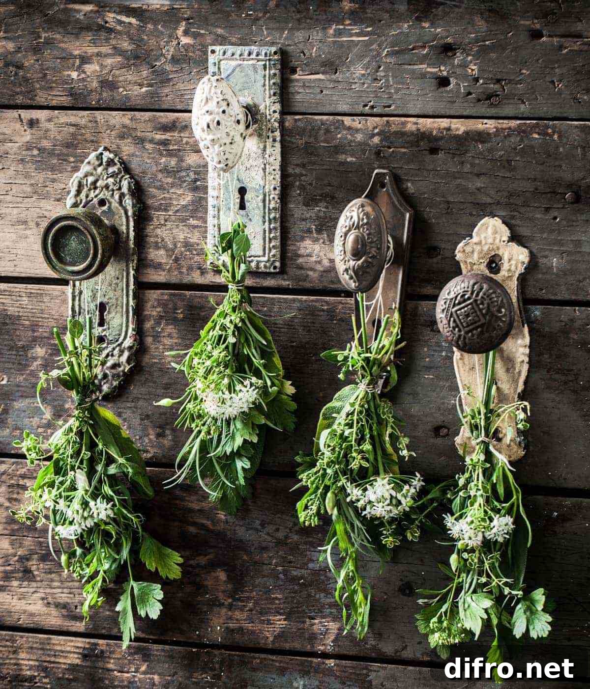 Herbs hanging on rustic door knobs