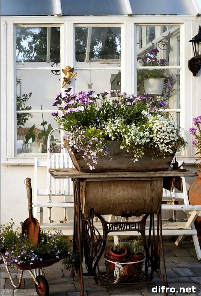 Planter on top of vintage sewing machine