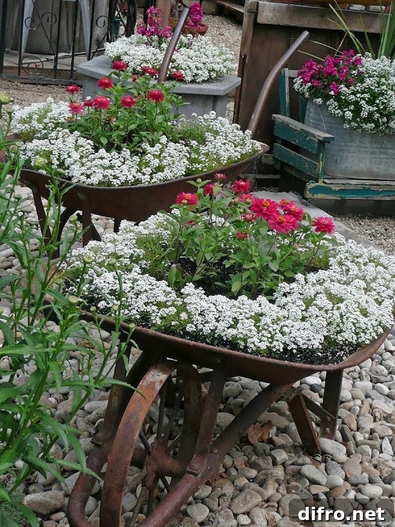 Wheelbarrow with pink and white flowers