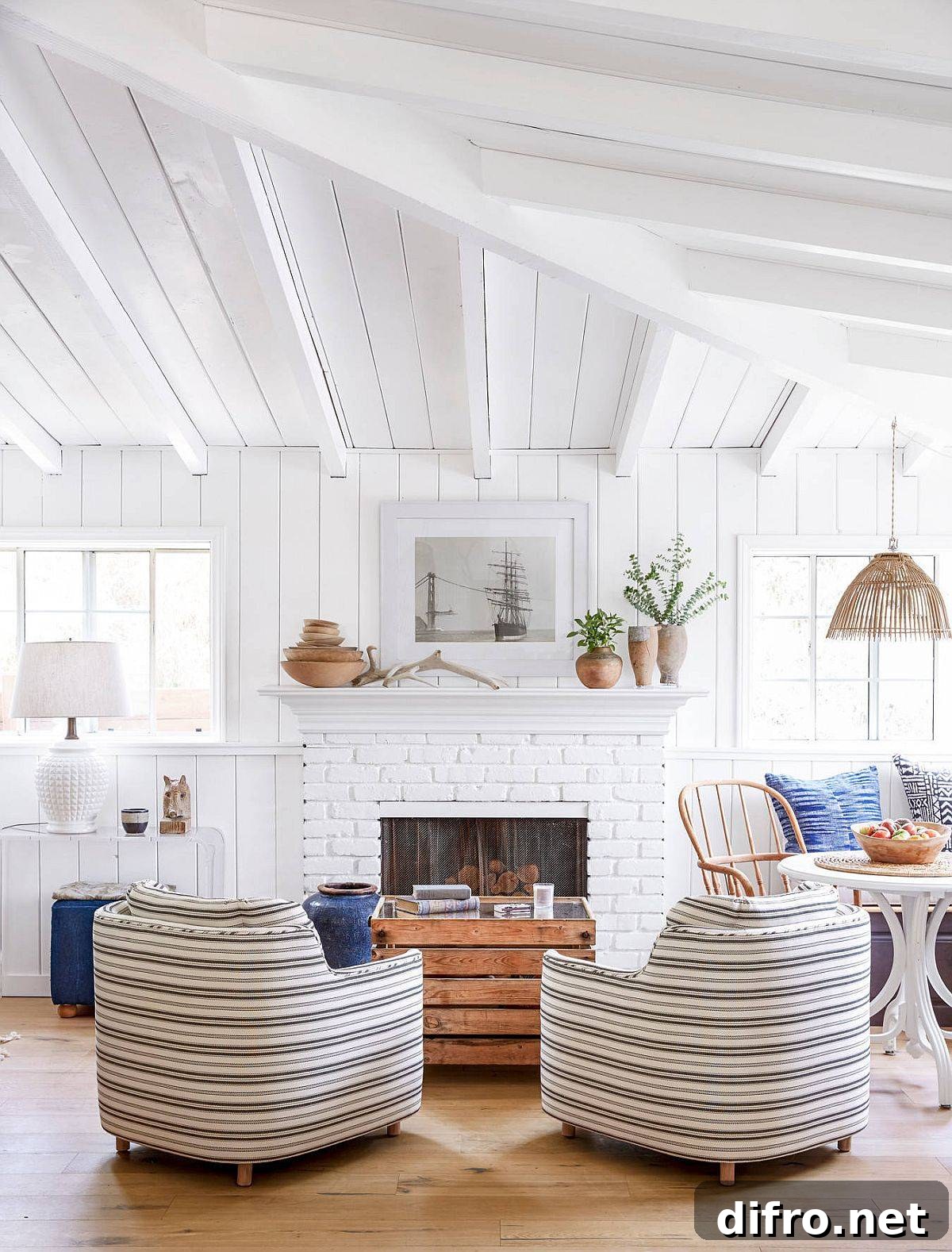 whitewashed brick fireplace in modern living room