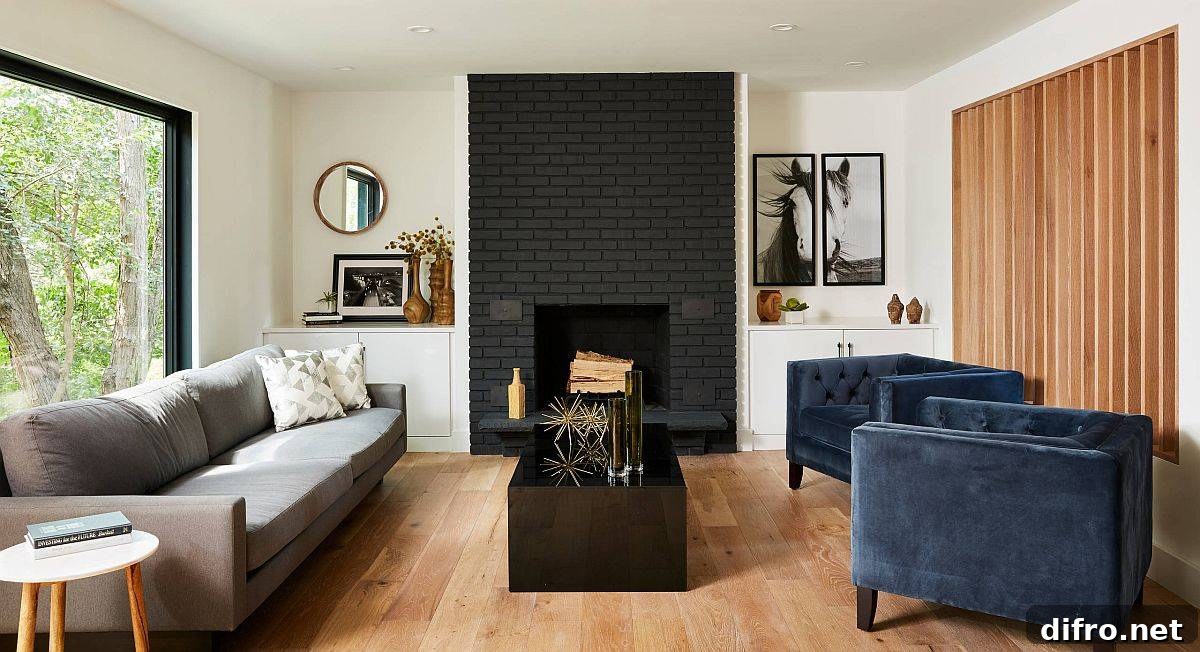 dark painted brick fireplace in polished contemporary living room
