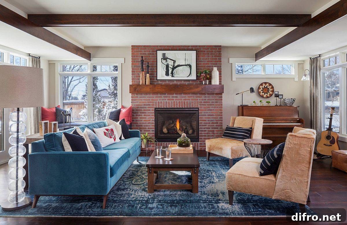 modern living room with colorful accents and a brick fireplace