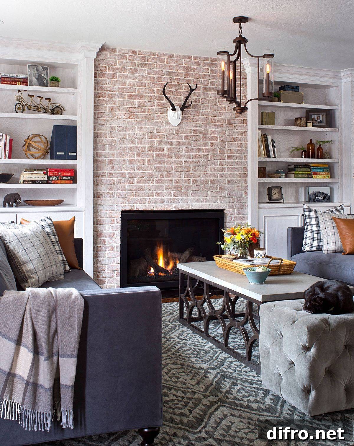 modern farmhouse living room with brick fireplace section