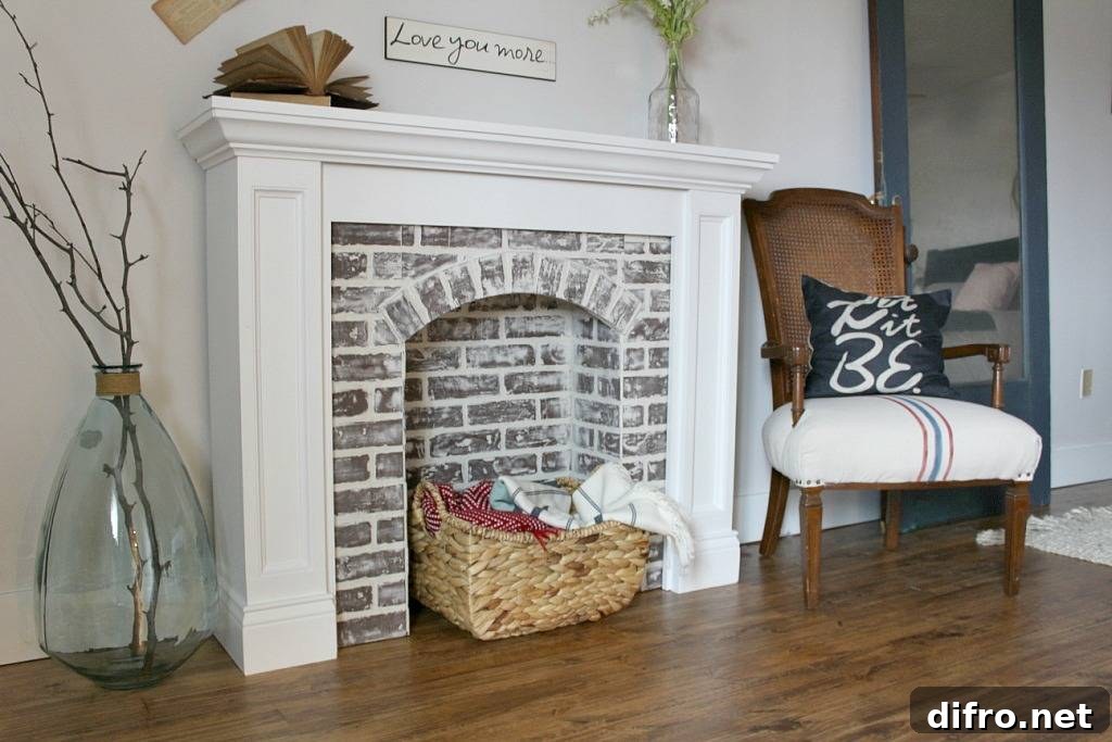 faux brick fireplace with basket of blankets