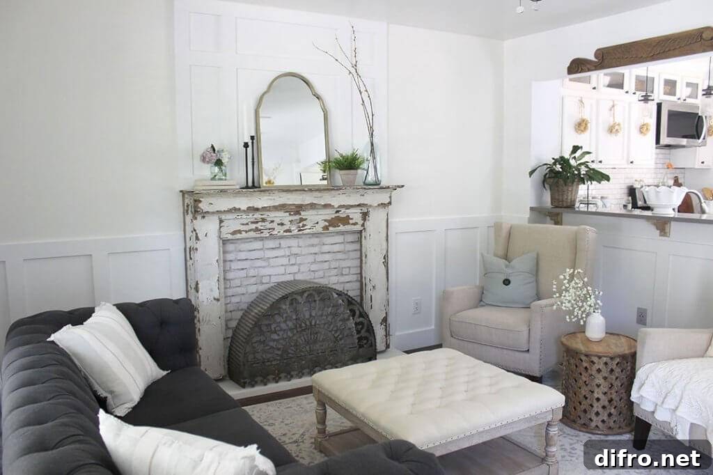 rustic living room with faux brick mantel