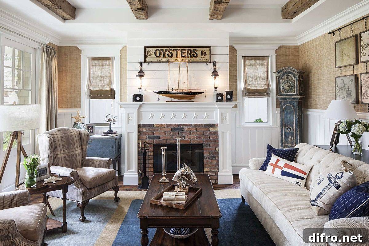beach-style living room with brick fireplace