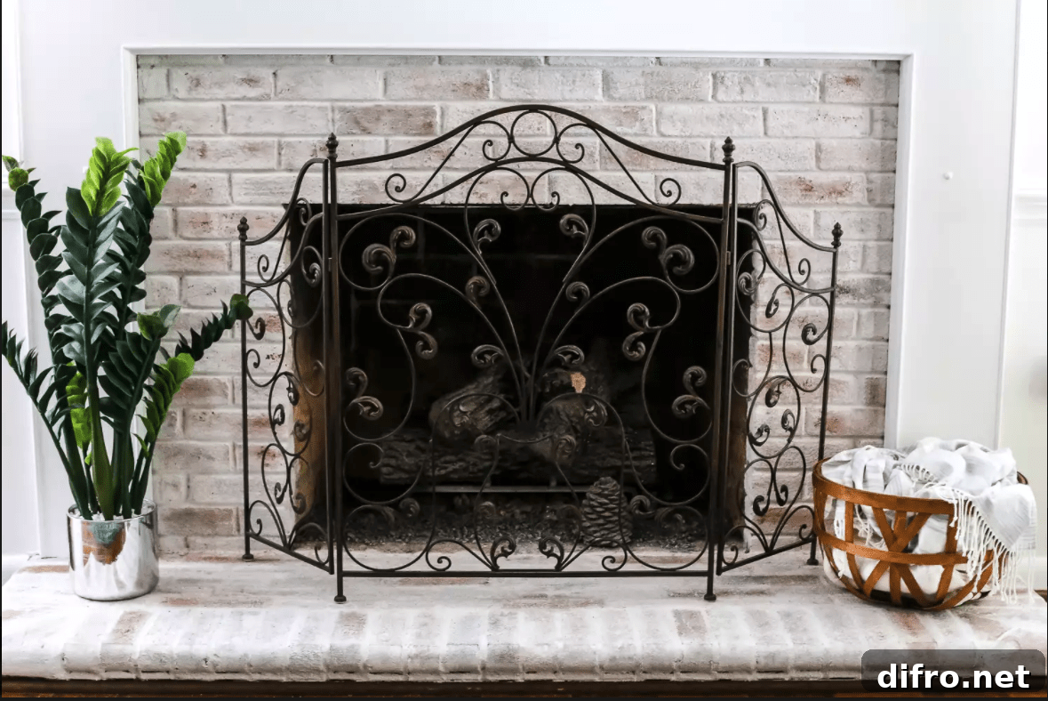 limestone wash on brick fireplace