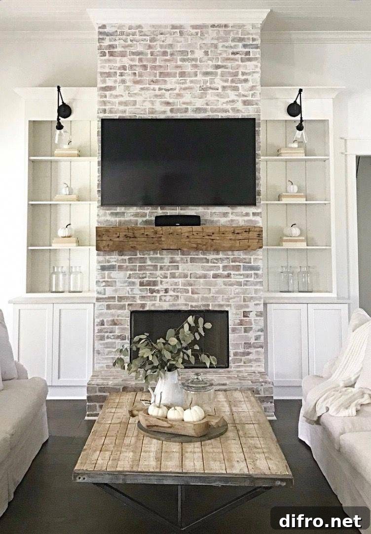 whitewashed fireplace with wood mantel and TV mounted above
