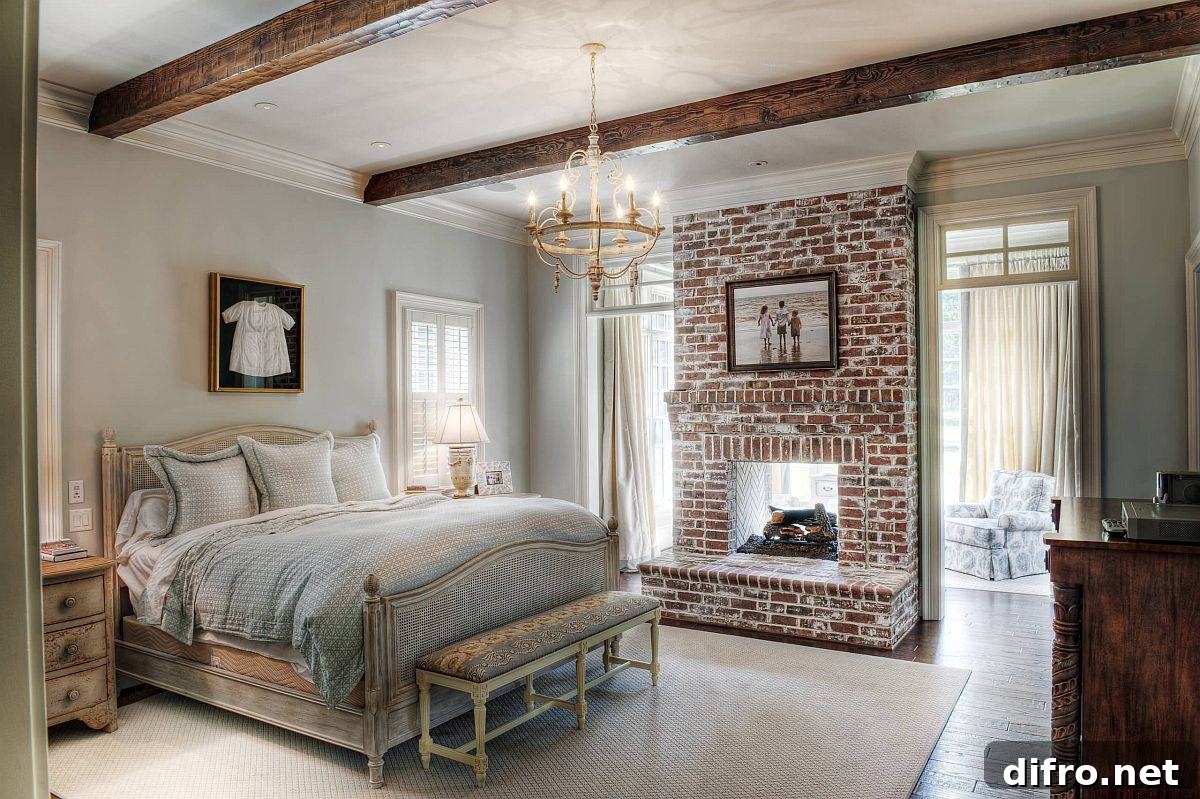 traditional bedroom with wooden beams and brick fireplace