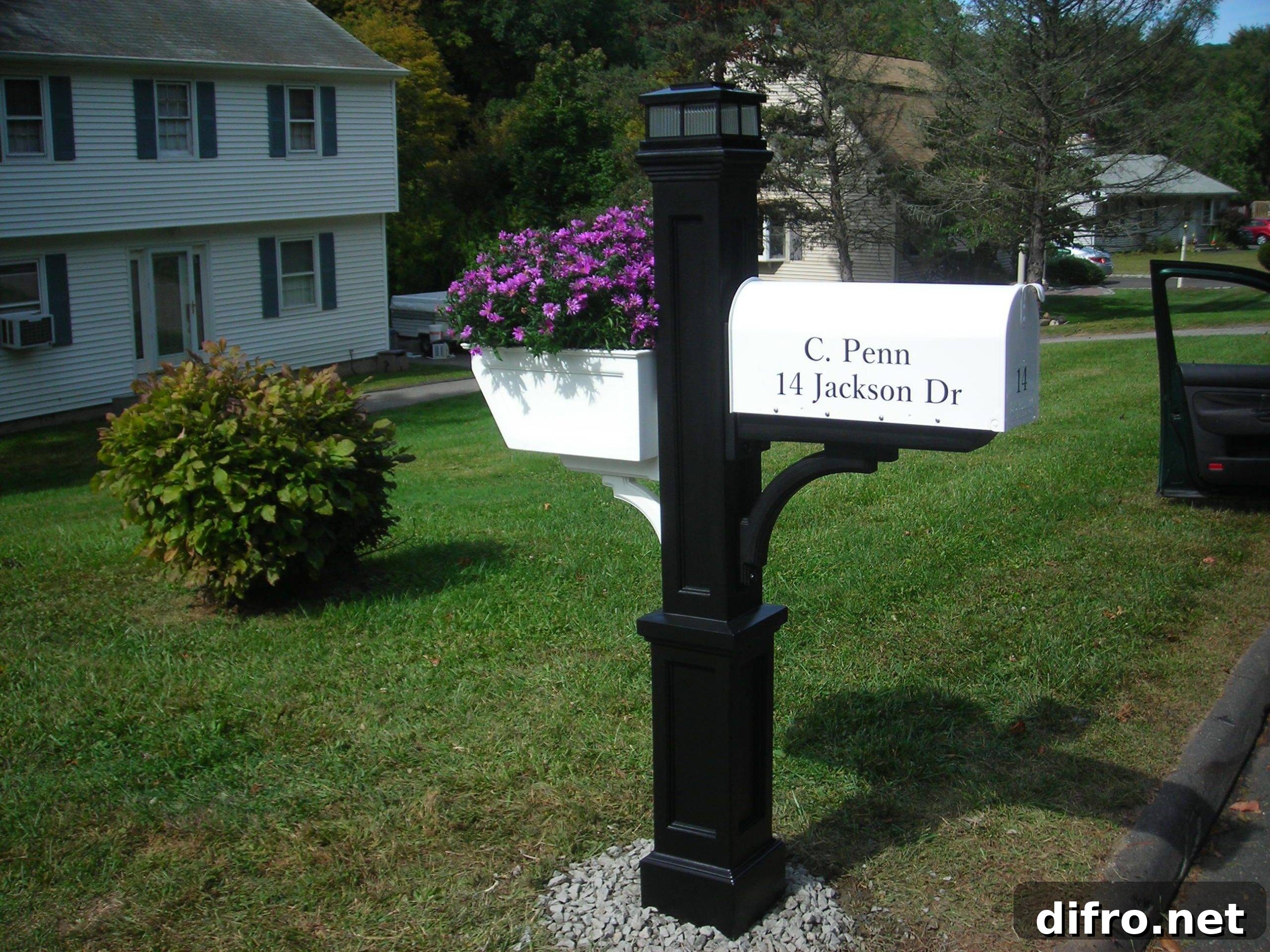 Black and White Mailbox Post with Planter Box