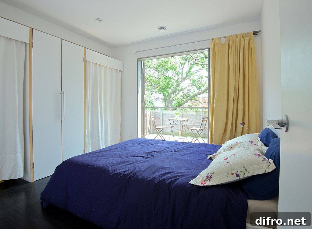 Bedroom in white with sliding glass doors accentuated by pops of yellow and blue