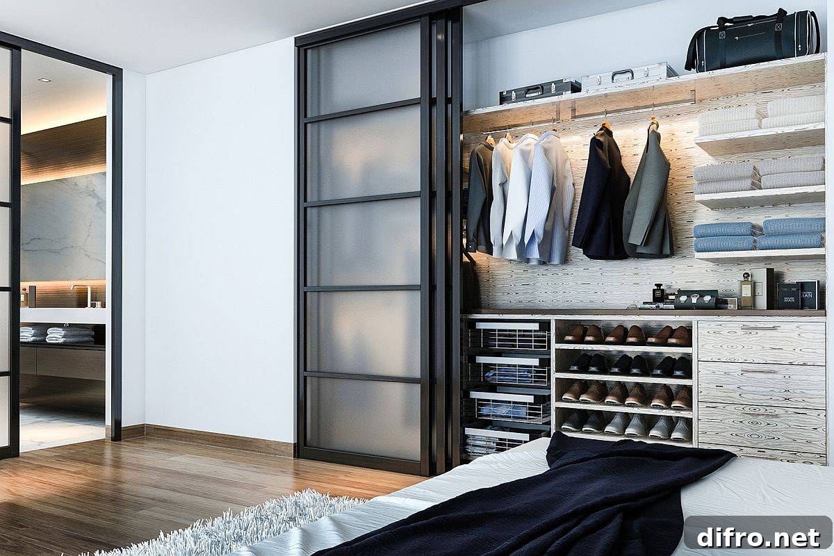 Sliding frosted glass doors used for a small men's closet