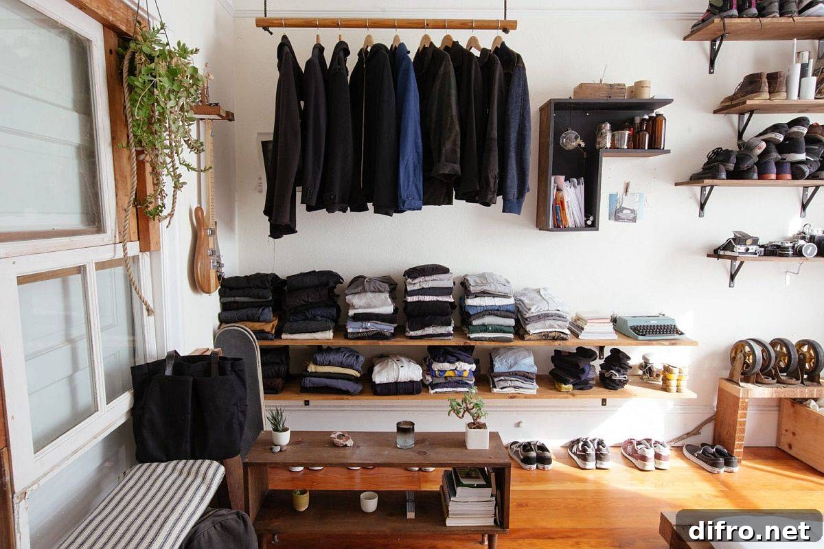 Modern open closet with floating wooden shelves