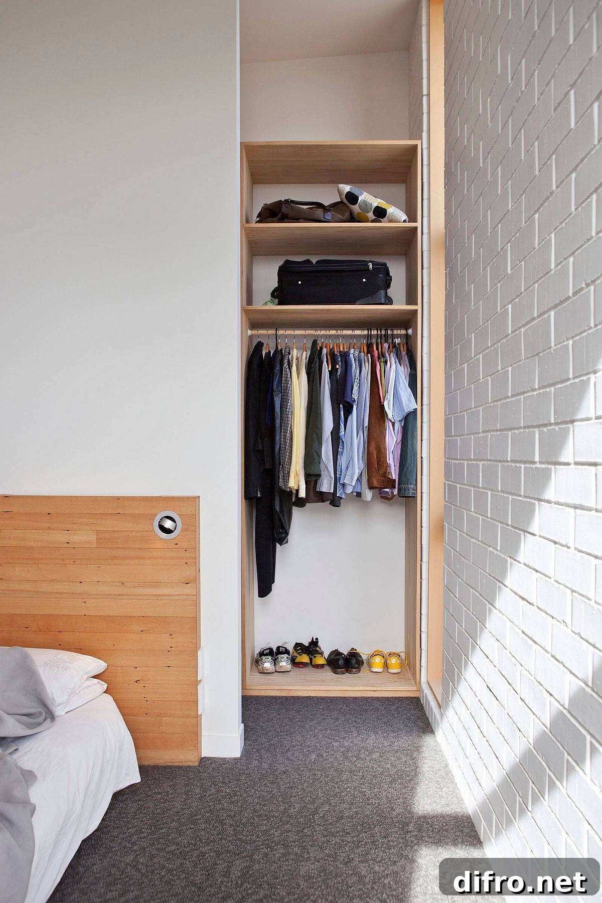 Tiny and open men's closet design in wood tucked next to the bed