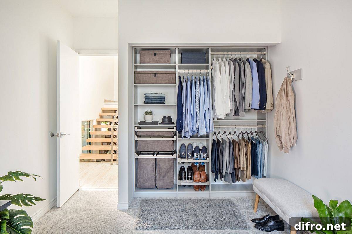Boxes, shelves, and hangers combine to create an extensive men's wardrobe