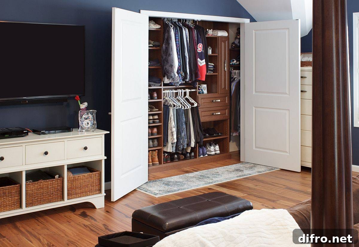 Custom wooden closet unit turning a traditional closet into a modern storage solution