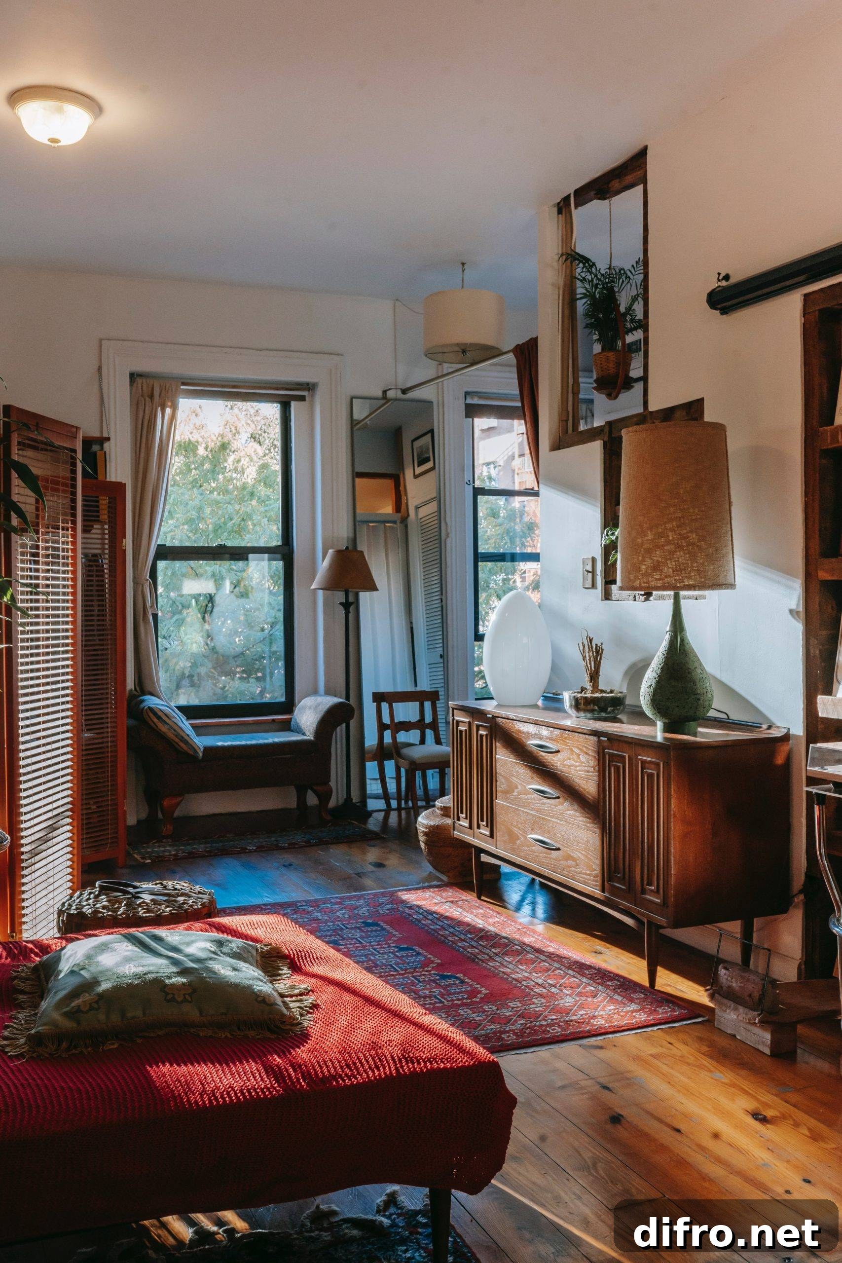 Bedroom interior with lampshades and decorative fixtures